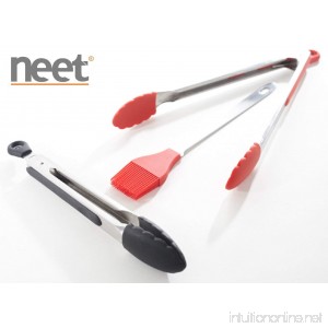Neet 3-Piece Silicone & Stainless Steel Grilling & Serving Tongs + Basting Brush Set (Great For High Temperature Grilling Serving Salads Basting Foods & Holiday Gift Ideas) - B017S4VFCW